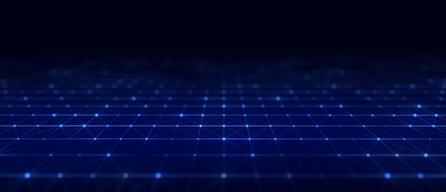 Grilla azul de perspectiva abstracta Paisaje de marco de alambre con puntos y líneas Renderización 3D