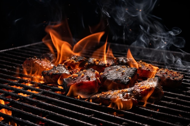 Grilla de barbacoa de acero vacía con fuego ardiente y humo contra fondo negro cocinando