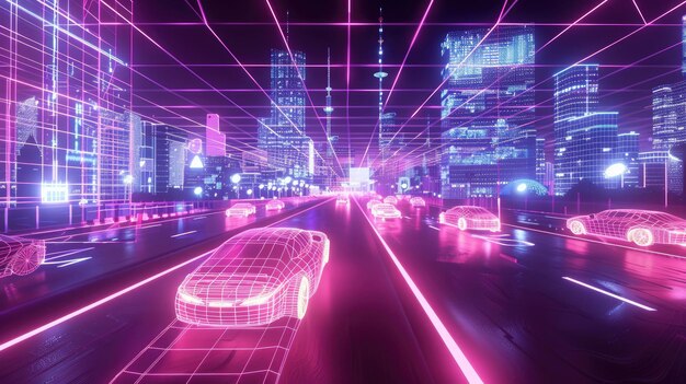 Foto grilla urbana compleja en realidad virtual con luces y coches flotantes que muestran métricas de datos visualización de grandes datos