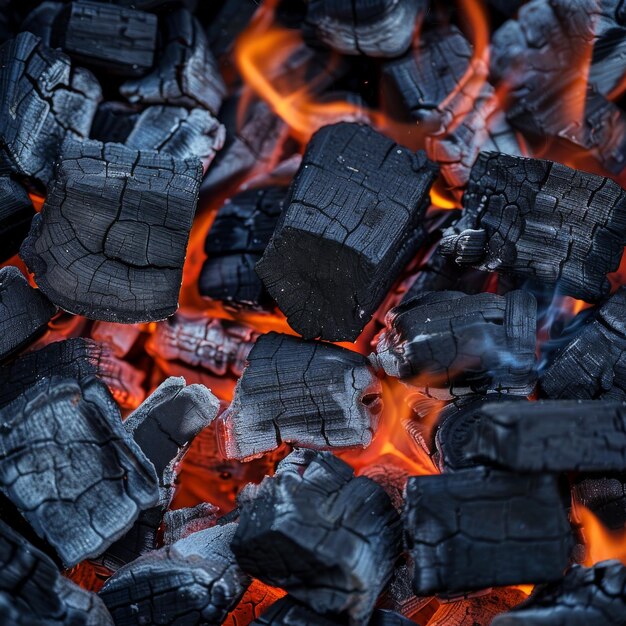 Grillado ardiente Textura de carbón de leña Fondo Fuego caliente Banderas de carbón quemar parrilla de madera Llama