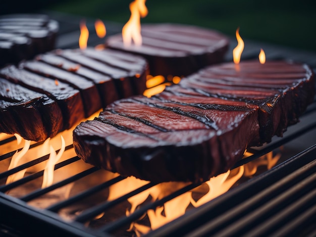 Foto grillando filetes de carne en la parrilla con llamas y humo
