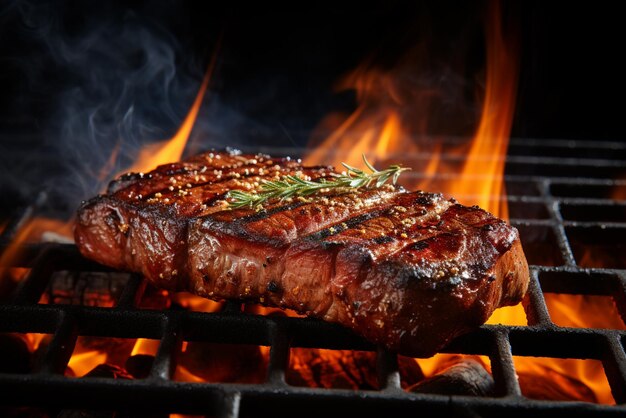 Grillando filetes de carne de res sobre llamas generativas