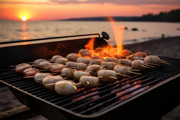 Grillando viejas en una playa con vista al atardecer creada con IA generativa