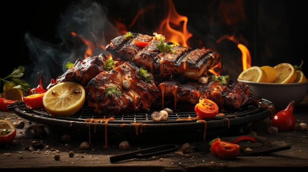 Grillbarbecue mit geschmolzener Barbecue-Sauce und geschnittenem Gemüse verschwommener Hintergrund