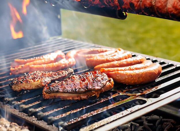 Grillbarbecue, Steak, Rindfleisch, Schweinewurst auf dem Feuer, Vorbereitung von Fleisch.