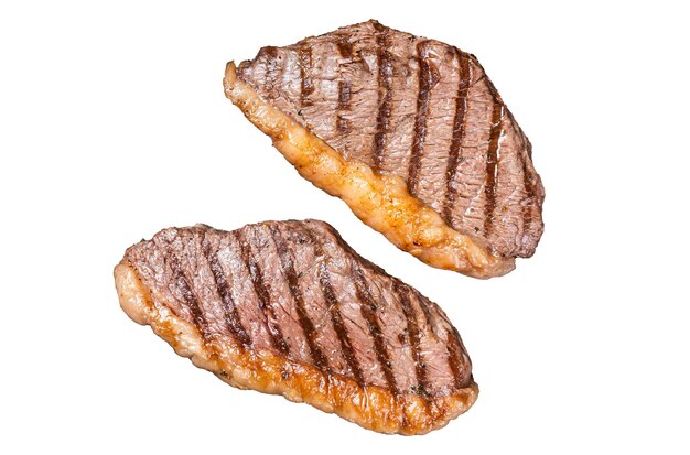 Grilled Top Sirloin Steak Cup Rump Rindfleisch Steak in einem Stahltablett Isolierter weißer Hintergrund