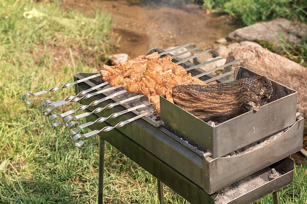 Grillen auf dem Grill Mariniertes Fleisch am Spieß Schaschlik Rindersteaks auf dem Grill während der Sommerzeit