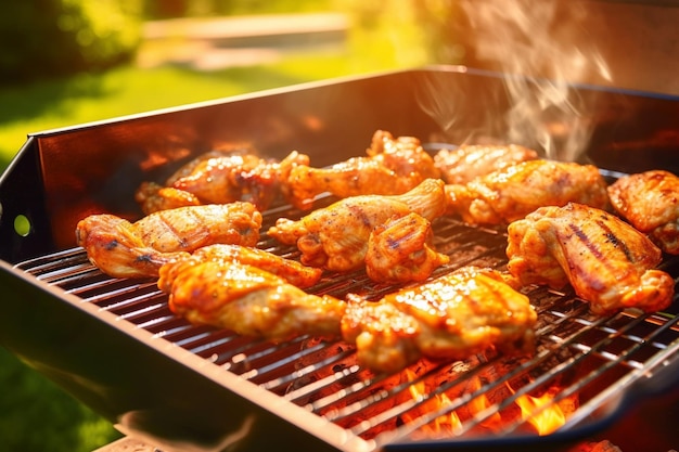 Grillen im Freien mit Freunden und Familie, gegrilltes Steak und Hühnchen mit verschwommenem Hintergrund im Hintergrund