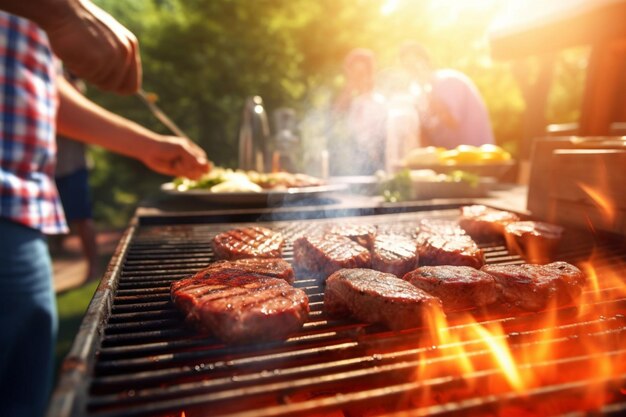 Grillen im Freien mit Freunden und Familie, gegrilltes Steak und Hühnchen mit verschwommenem Hintergrund im Hintergrund