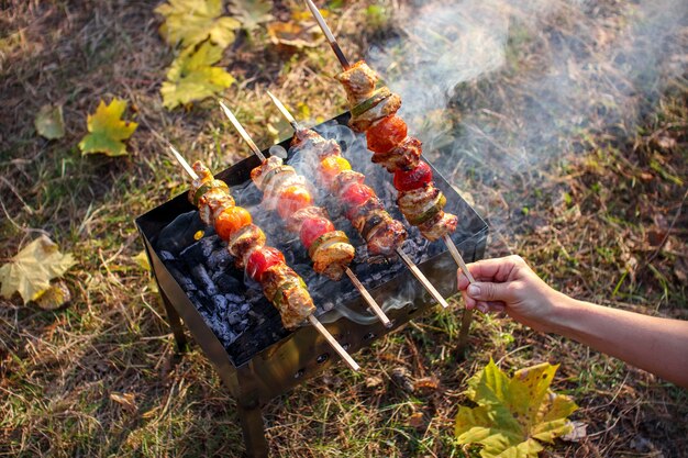 Grillen mit Stöcken, auf denen Fleisch und Gemüse gepflanzt sind