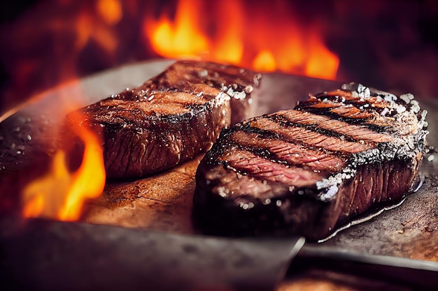 Grillen Sie in Flammen leckeres Fleisch