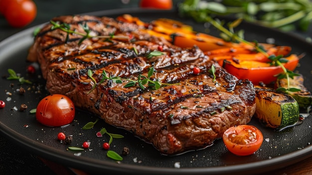 Grillen von Rindfleischsteak mit Gemüse und Grün auf einem gut zubereiteten Teller