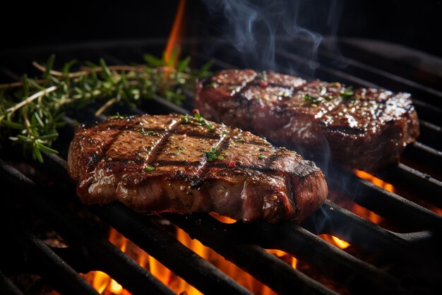 Foto grillen von rindfleischsteaks über flammenden generativen ai