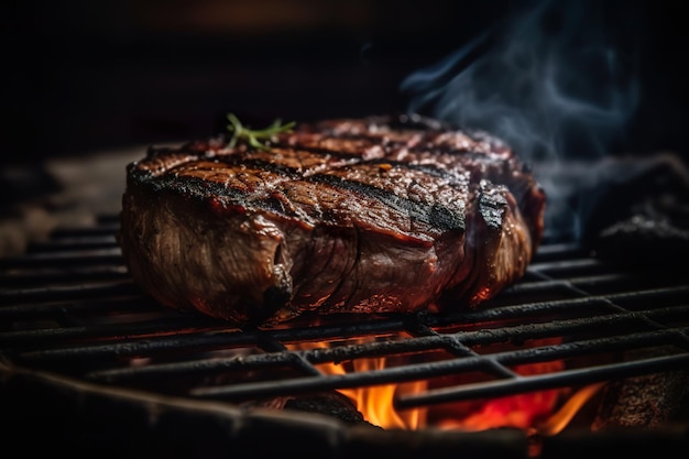 Grillen von Steaks auf flammendem Grill und Schuss mit selektivem Fokus