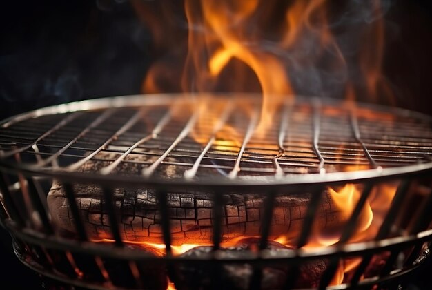Foto grillgrill mit brennenden flammen nahaufnahme foto grillen kulinarischer speisen braten flammendes gitter generieren ai
