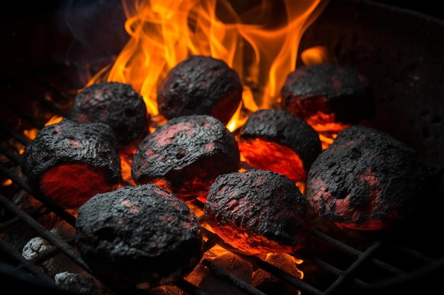 Foto grillgrube mit glühenden und flammenden heißen holzkohlebriketten lebensmittelhintergrund oder textur