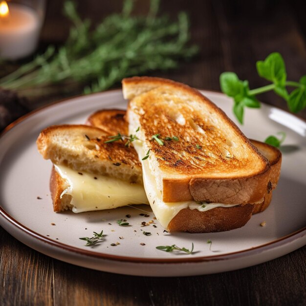 Grillkäse-Sandwich mit Basilikum auf einem Holzschneidbrett