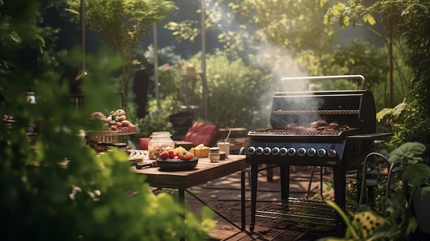 Grillparty im Hinterhof mit verschwommenem Menschenhintergrund, generative KI