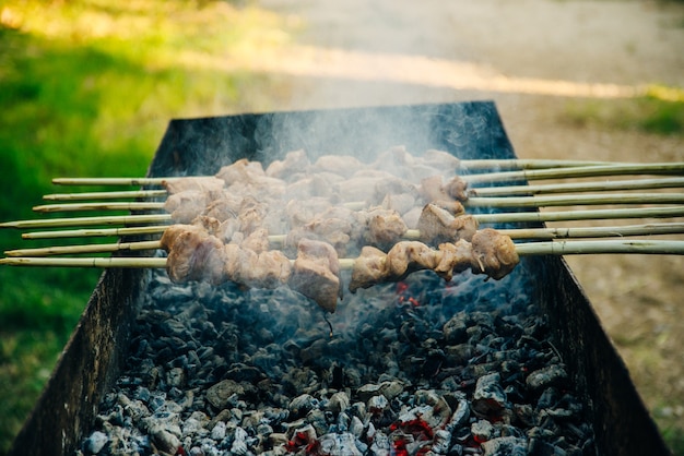 Grillspieß-Rindfleisch-Kebabs auf der Flammengrill-Nahaufnahme.