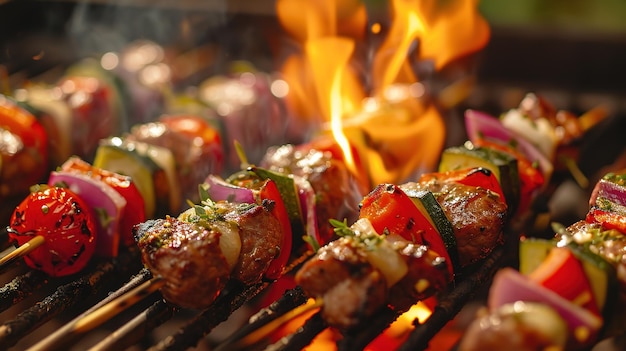 Grillspieße, Fleischkebabs mit Gemüse auf einem flammenden Grill