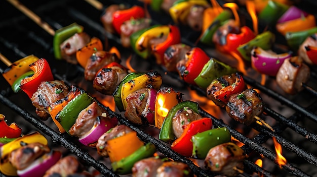 Grillspieße, Fleischkebabs mit Gemüse auf einem flammenden Grill