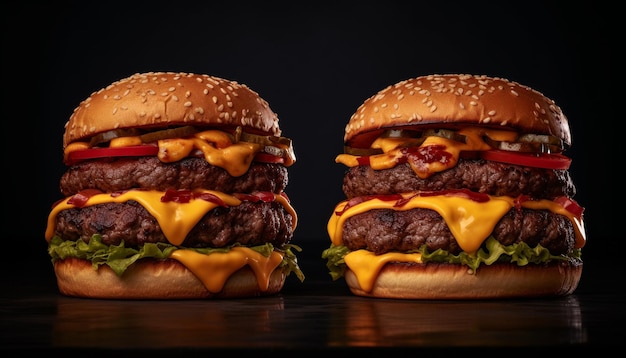 Grillter Cheeseburger auf rustikaler Brötche mit von KI erzeugten Pommes