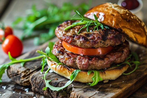 Foto grillter gourmetburger mit frischem tomatenscheie und pommes frites