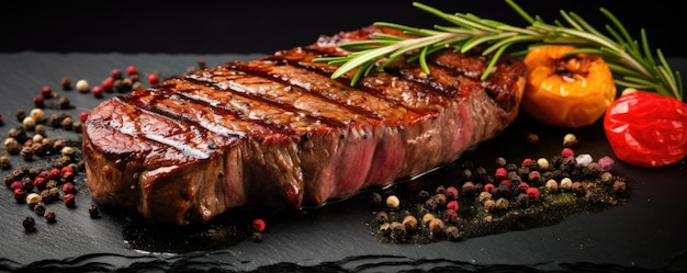 Foto grilltes cowboy-steak mit gewürzen und kräutern auf einem schiefer-tisch