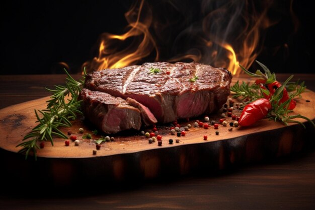 Grilltes Rindfleischsteak auf einem Holzbrett mit Rosmarin und Pfeffer