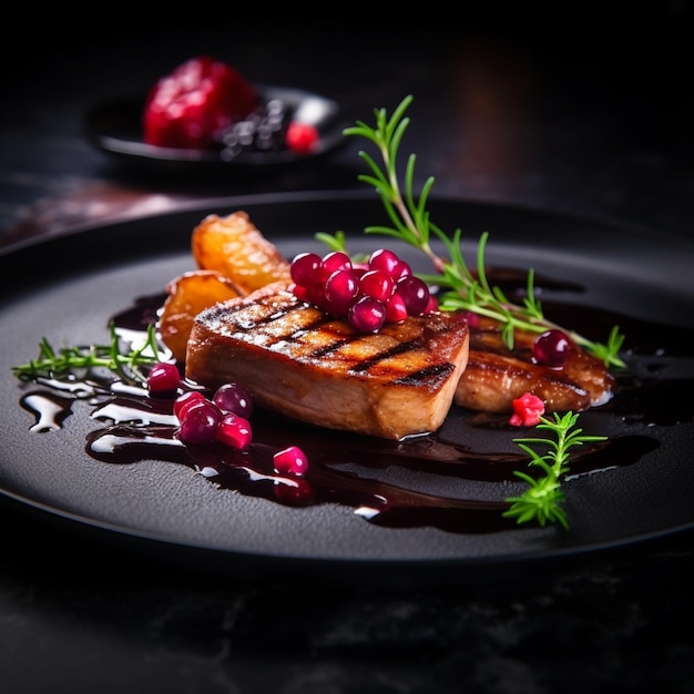 Grilltes Rindfleischsteak in der Pfanne mit Gewürzen auf dunklem Hintergrund Generative KI