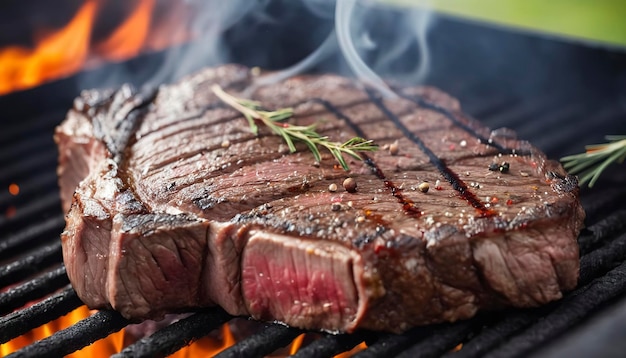 Grilltes Rindfleischsteak mit Gewürzen auf dem Grill mit Rauch