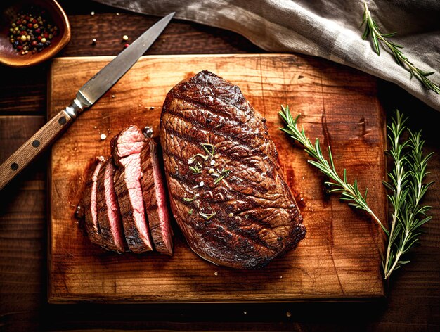 Grilltes Rindfleischsteak mit Soße auf einem Holzbrett