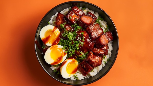 Grilltes rotes Schweinefleisch in Sauce, gekochte Eier, chinesische Würstchen mit Reis in schwarzer Schüssel auf orangefarbenem Hintergrund, asiatisches Essen