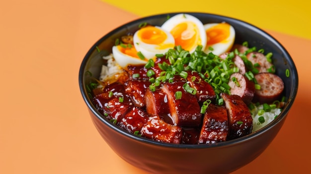 Grilltes rotes Schweinefleisch in Sauce, gekochte Eier, chinesische Würstchen mit Reis in schwarzer Schüssel auf orangefarbenem Hintergrund, asiatisches Essen