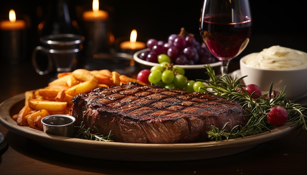 Foto grilltes steak auf einem rustikalen teller mit frischem gemüse und wein, erzeugt durch künstliche intelligenz