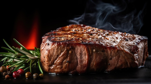 Grilltes Steak mit mittlerem seltenem Rosmarin, rauchiger Flammenhintergrund