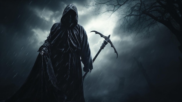 Grim reaper jogando xadrez contra um fundo de nevoeiro escuro generative ai