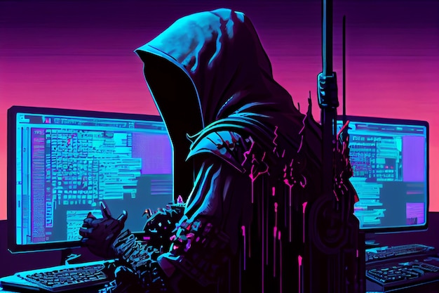 Grim Reaper-Hacker mit Laptop-Grim Reaper und Laptop Cybersicherheit und Virus-Konzept