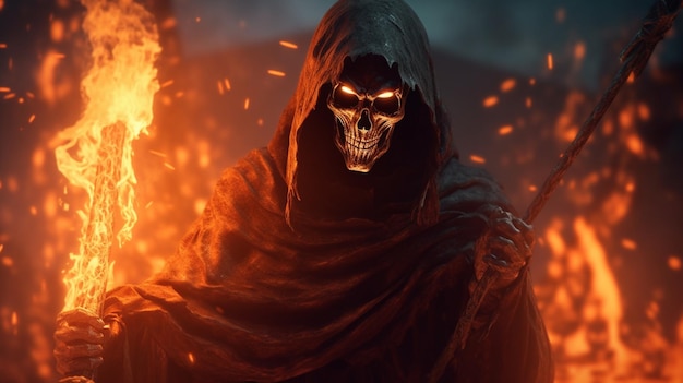 Grim reaper con ilustración de diseño de fuego