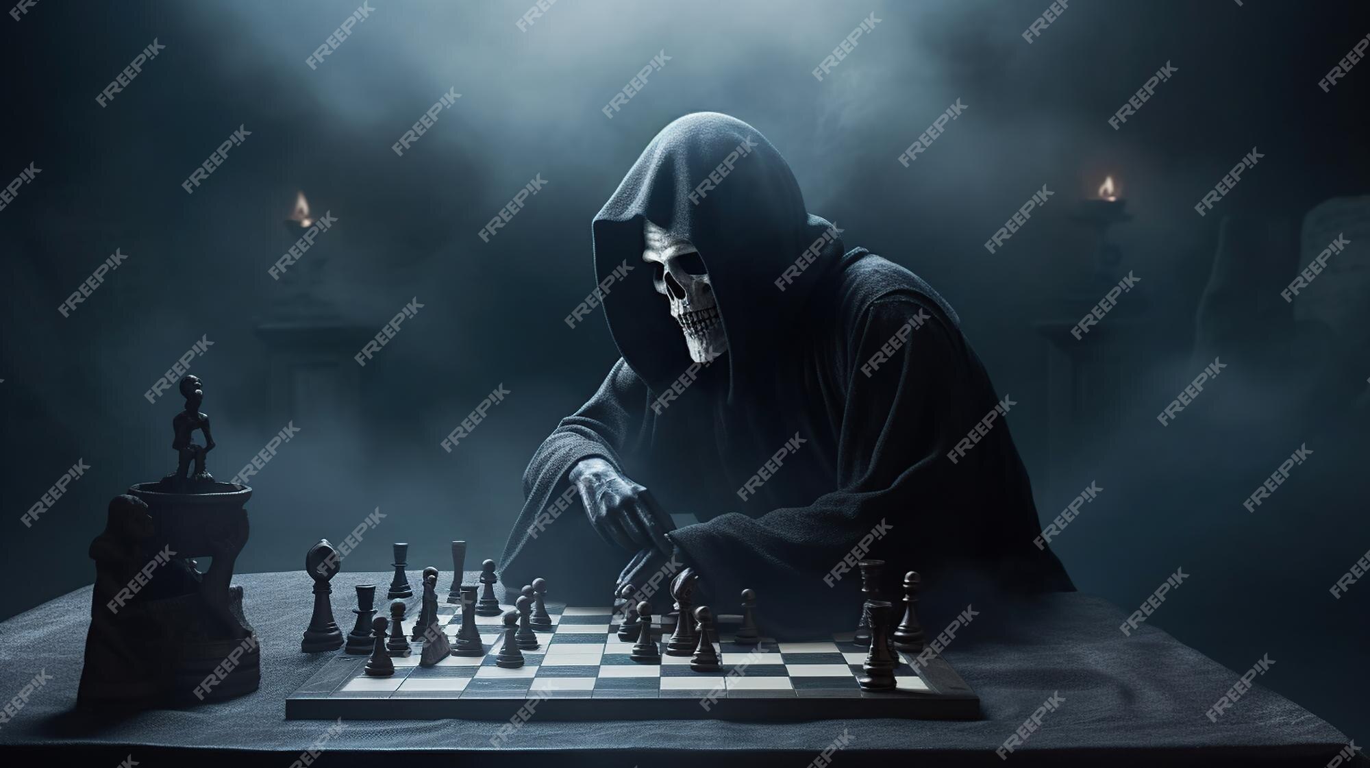 Grim reaper jogando xadrez contra um fundo de nevoeiro escuro generative ai