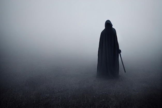 Grim Reaper de pie en la niebla por la noche Foto de personificación de la muerte empuñando en silueta