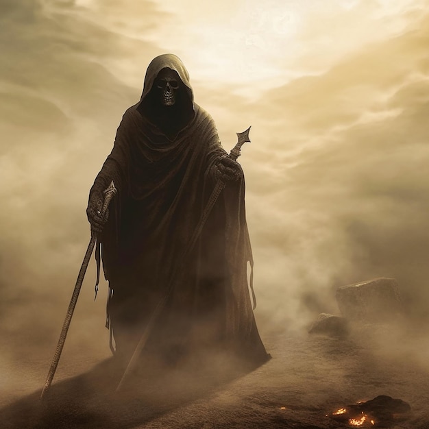 Grim Reaper reicht in einem schrecklichen schwarzen Mantel aus Generative KI