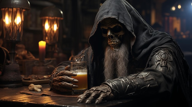 Grim Reaper trinkt ein Glas Bier in einer Bar Generative Ai