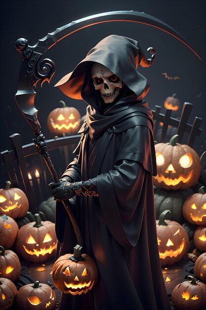 Grimreaper con una capa negra y una guadaña en las manos está parado junto a calabazas