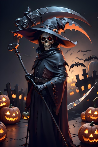 Grimreaper con una capa negra y una guadaña en las manos está parado junto a calabazas