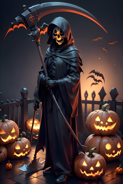 Grimreaper en una capa negra con una hoz en las manos está de pie junto a las calabazas