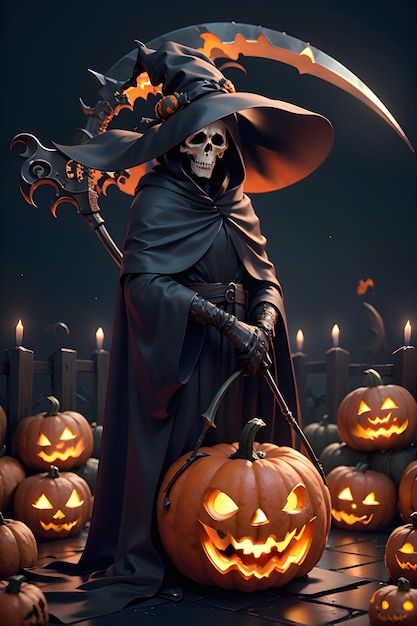 Grimreaper en una capa negra con una hoz en las manos está de pie junto a las calabazas