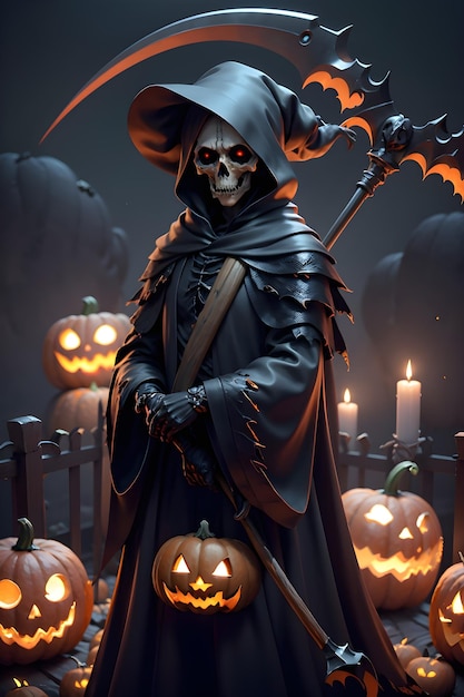 Grimreaper en una capa negra con una hoz en las manos está de pie junto a las calabazas