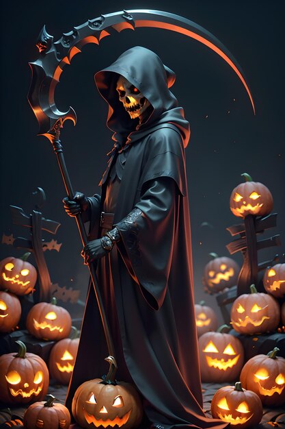 Grimreaper em uma capa preta com uma foice nas mãos está ao lado de abóboras