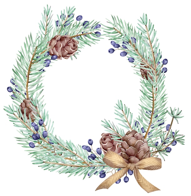 Grinalda de ramos e cones de pinheiro de inverno de Natal em aquarela e cartão de ano novo isolado no fundo branco